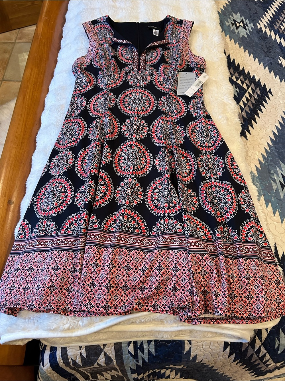 Maggy London Black Dress with Pink Medallion Print